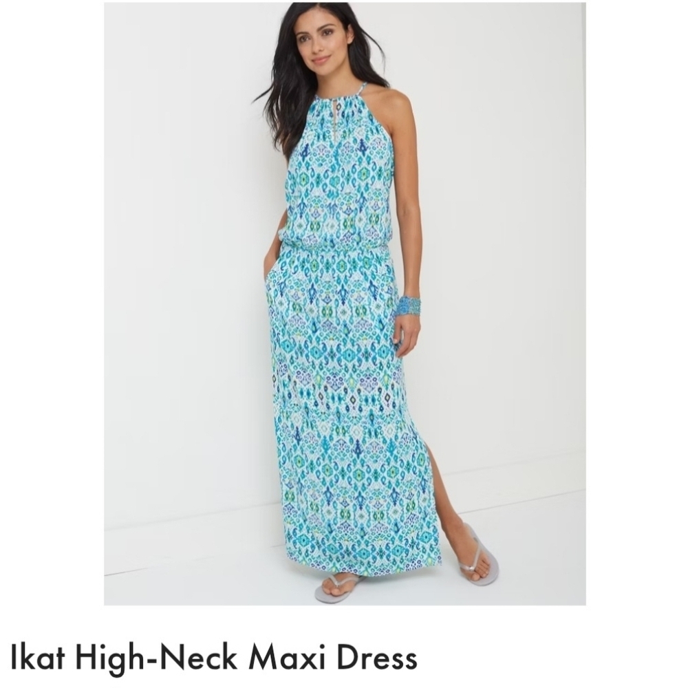 Tommy Bahama Ikat Blue & Green High Neck Patterned Maxi Dress Medium Coastal